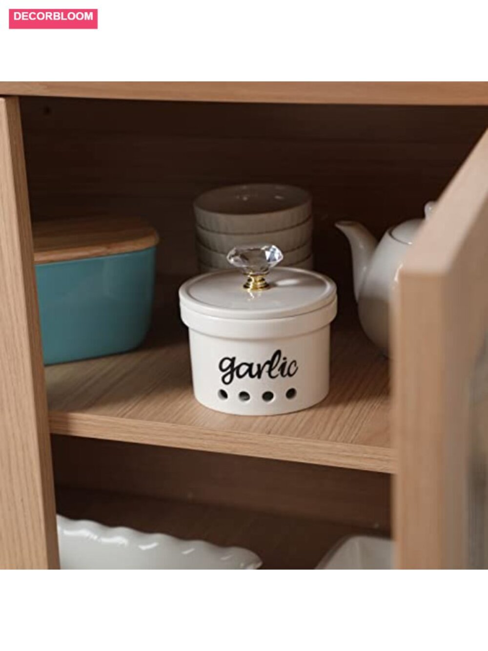 Ceramic Garlic Keeper with Crystal Lid, 12.5 oz, Farmhouse Kitchen Decor - Picture 4 of 6